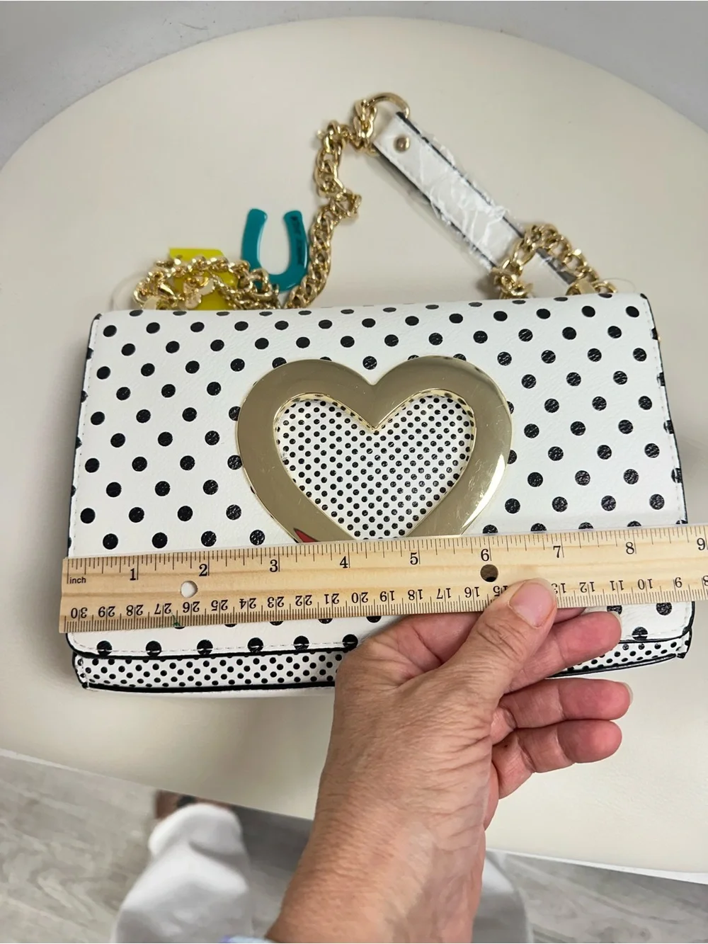 Betsey Johnson White Polka Dot Crossbody with Neon Heart Charm